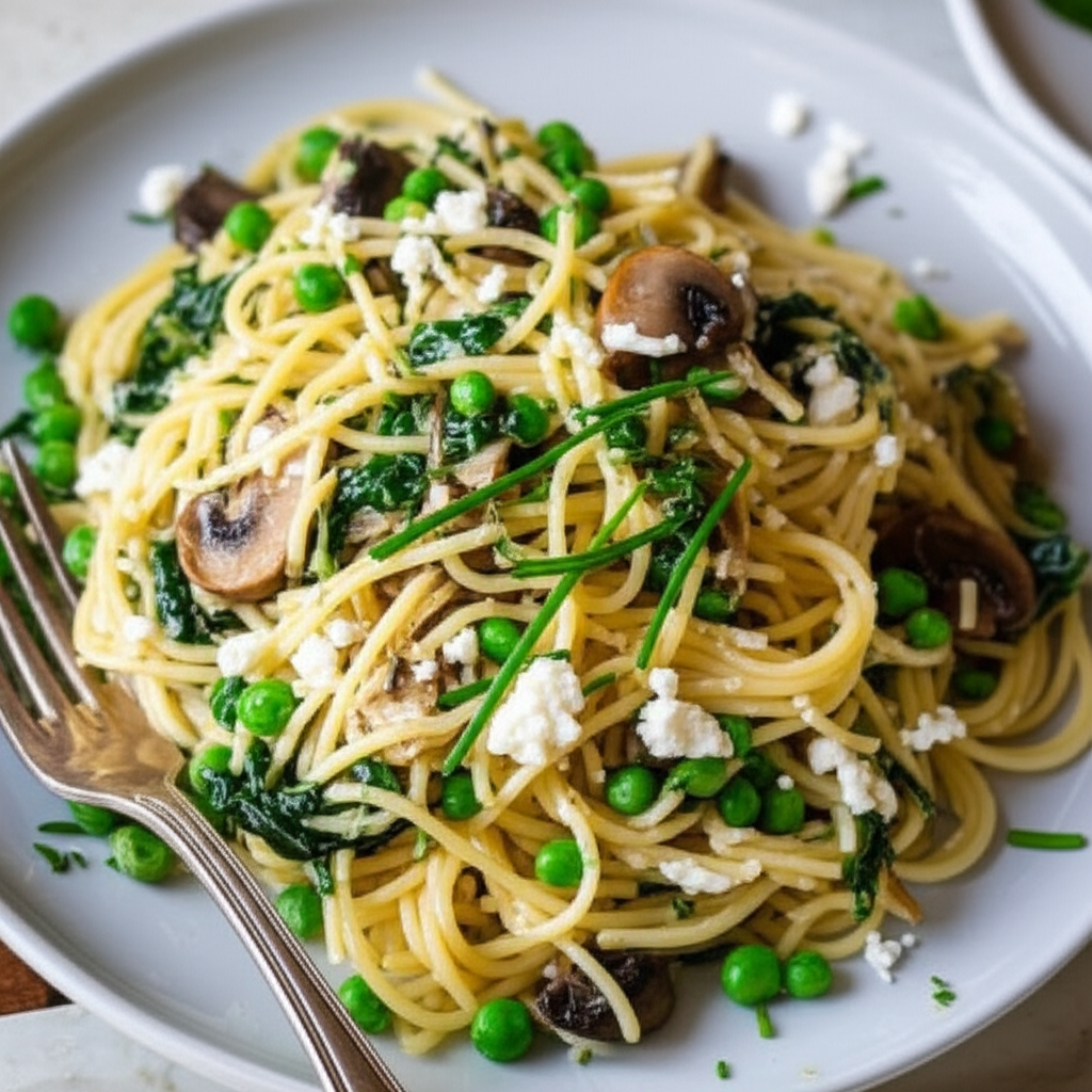 Angel Hair Pasta With Fresh Spinach Peas Feta image