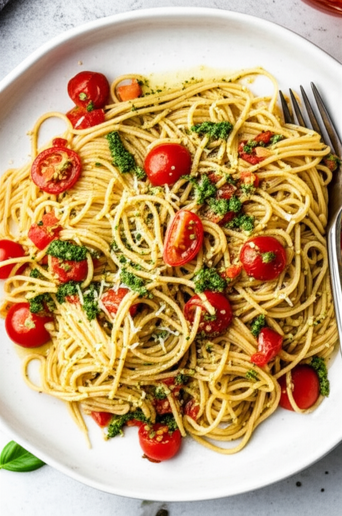 Angel Hair Pasta With Pesto And Tomatoes image