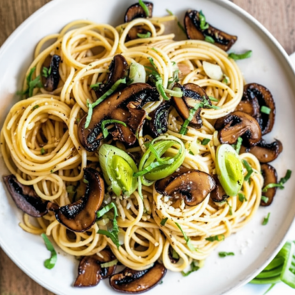 Angel Hair Pasta With Portabellas Leeks And Balsamic Vinegar image