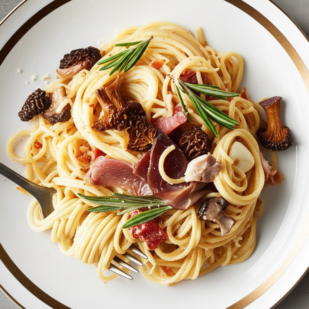 Angel Hair Pasta With Prosciutto And Wild Mushrooms image