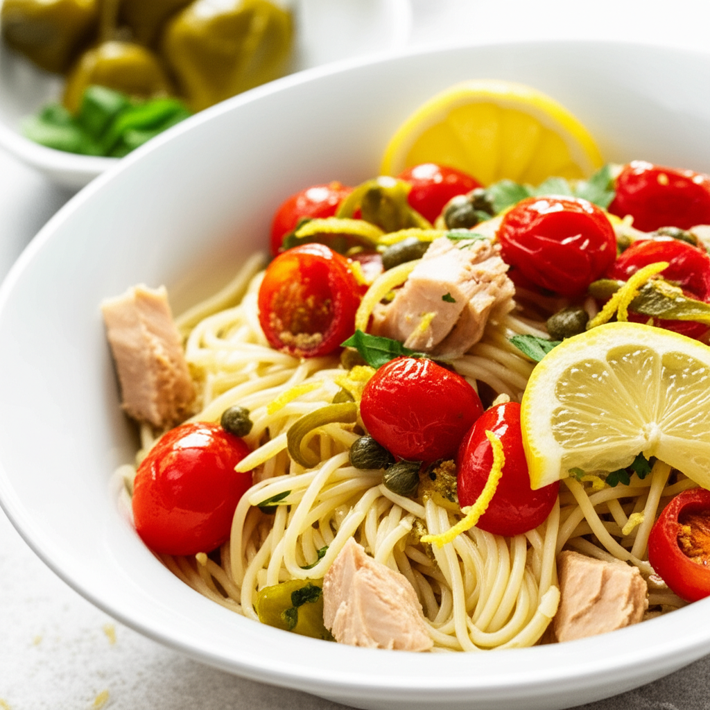 Angel Hair Pasta With Sauteed Cherry Tomatoes Lemon And Tuna image