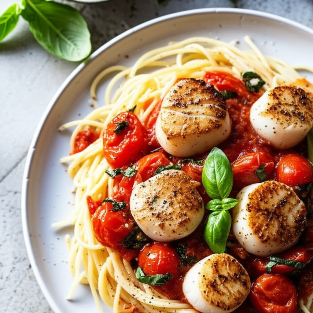 Angel Hair Pasta With Scallops Tomato Basil image