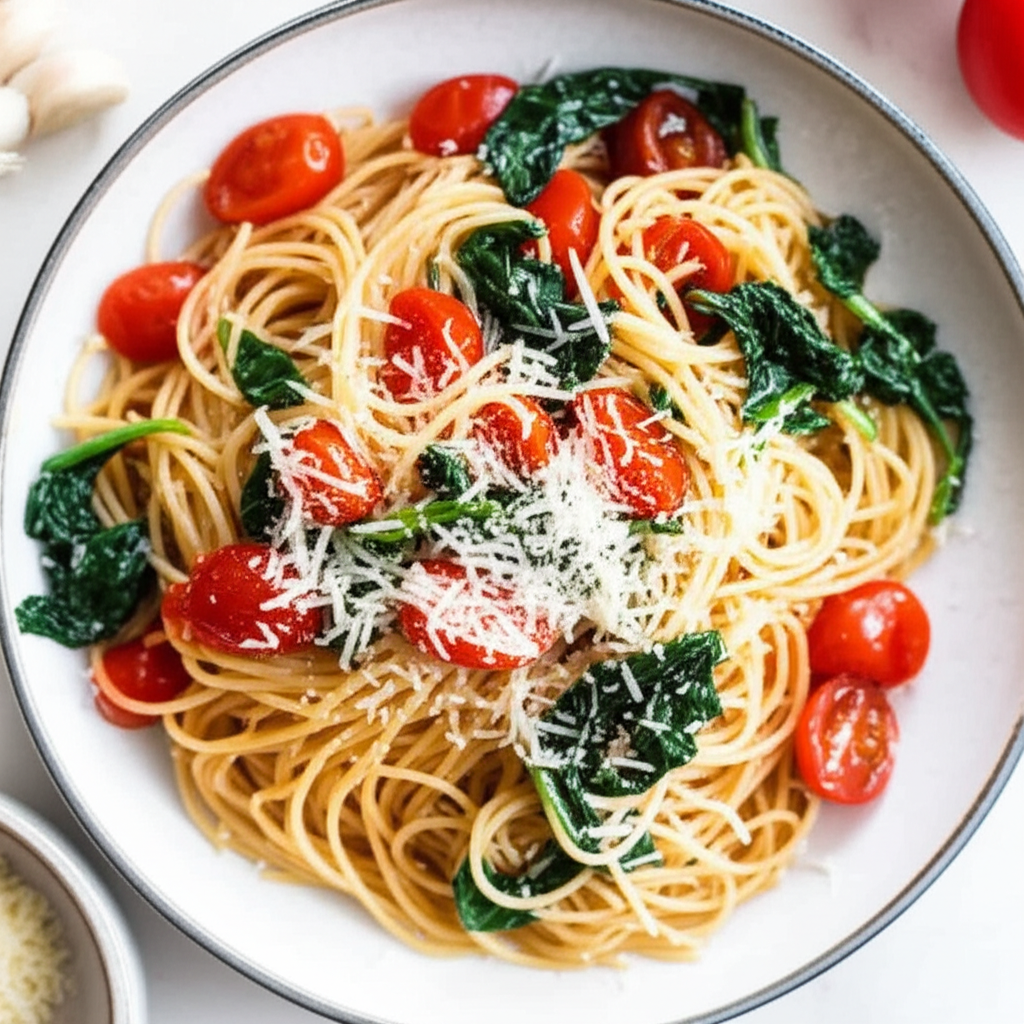 Angel Hair Pasta With Spinach Tomatoes And Onion image