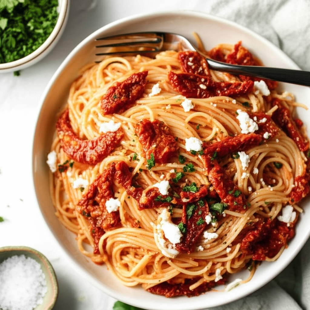 Angel Hair Pasta With Sun Dried Tomatoes Goat Cheese image