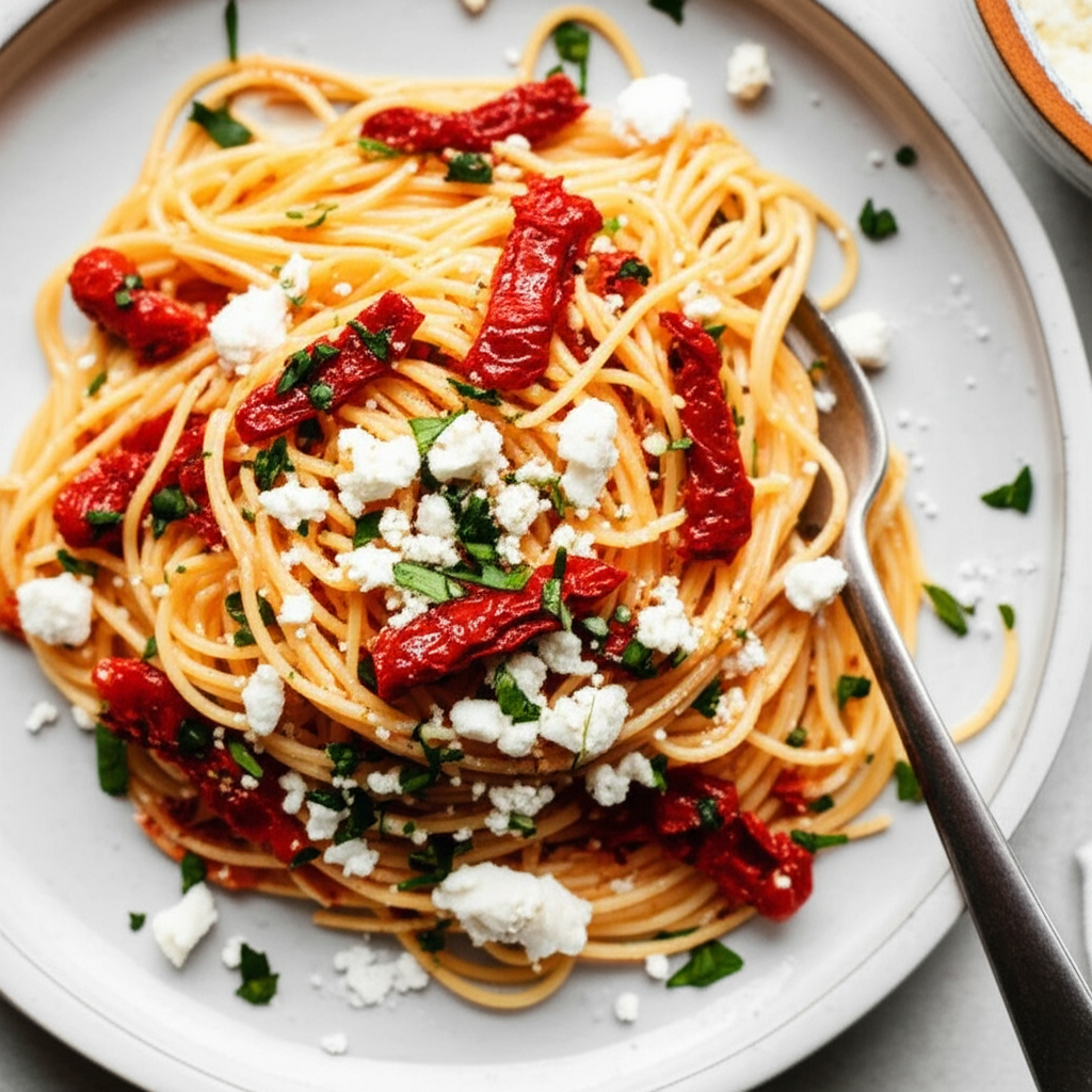 Angel Hair Pasta With Sun Dried Tomatoes And Goat Cheese image