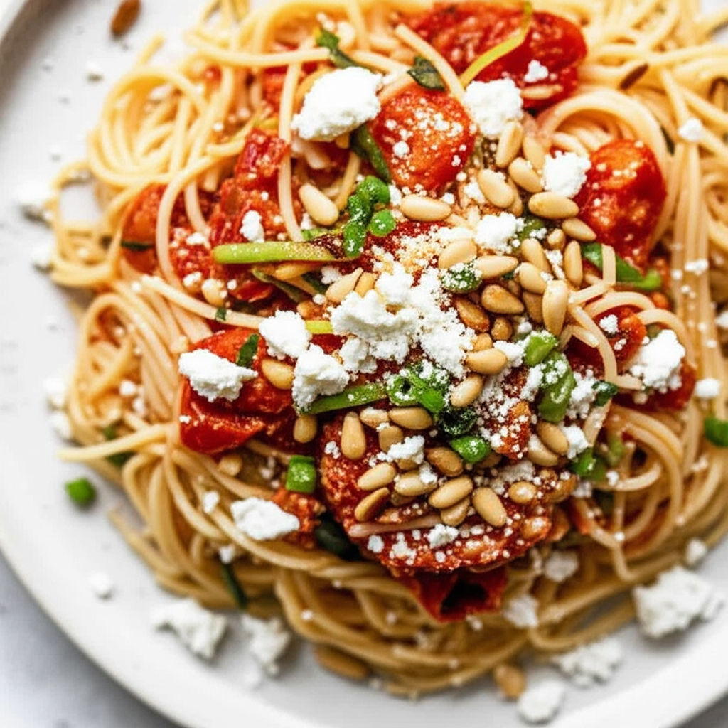 Angel Hair Pasta With Vegetables Pine Nuts And Feta Cheese image