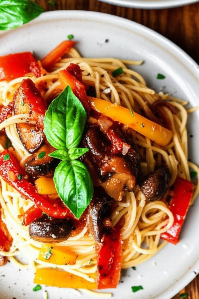 Angel Hair With Roasted Vegetables And Red Wine Tomato Sauce image