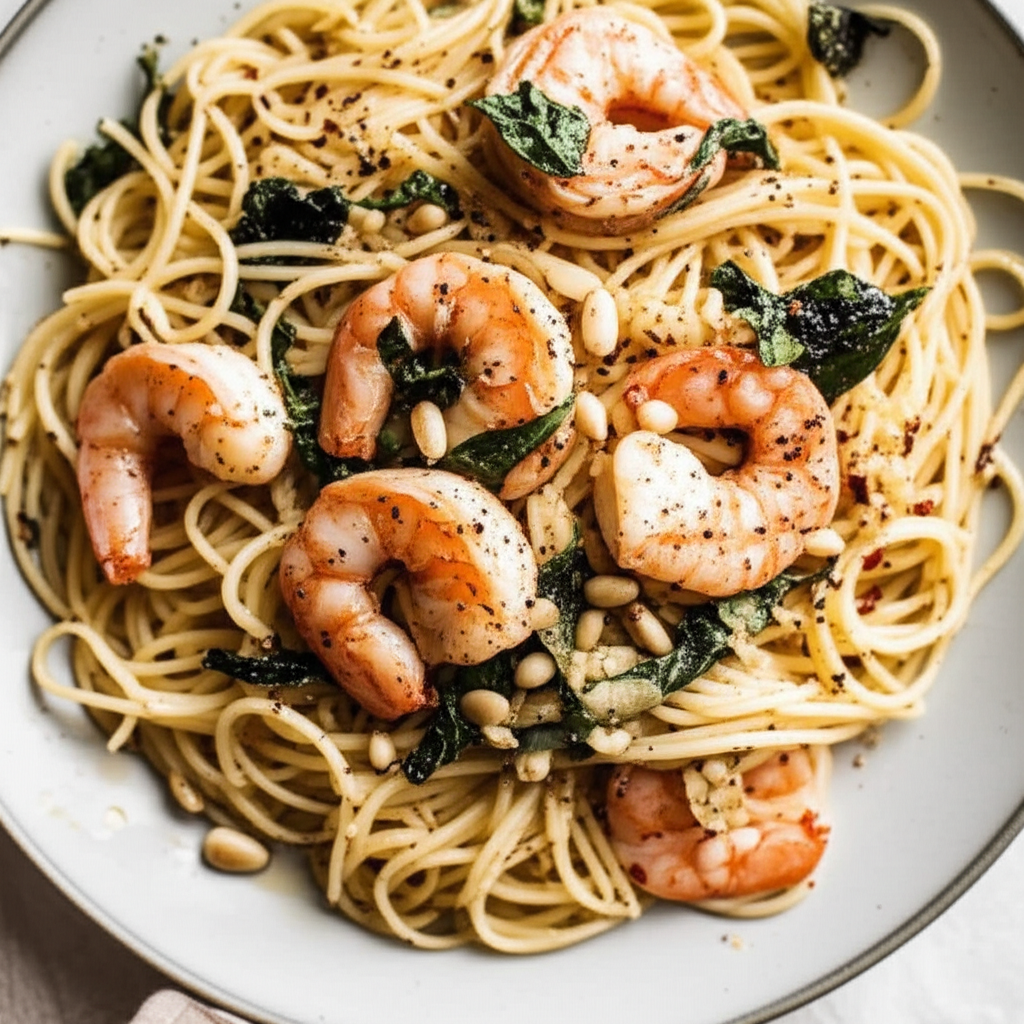 Angel Hair With Shrimp Basil And Toasted Pine Nuts image