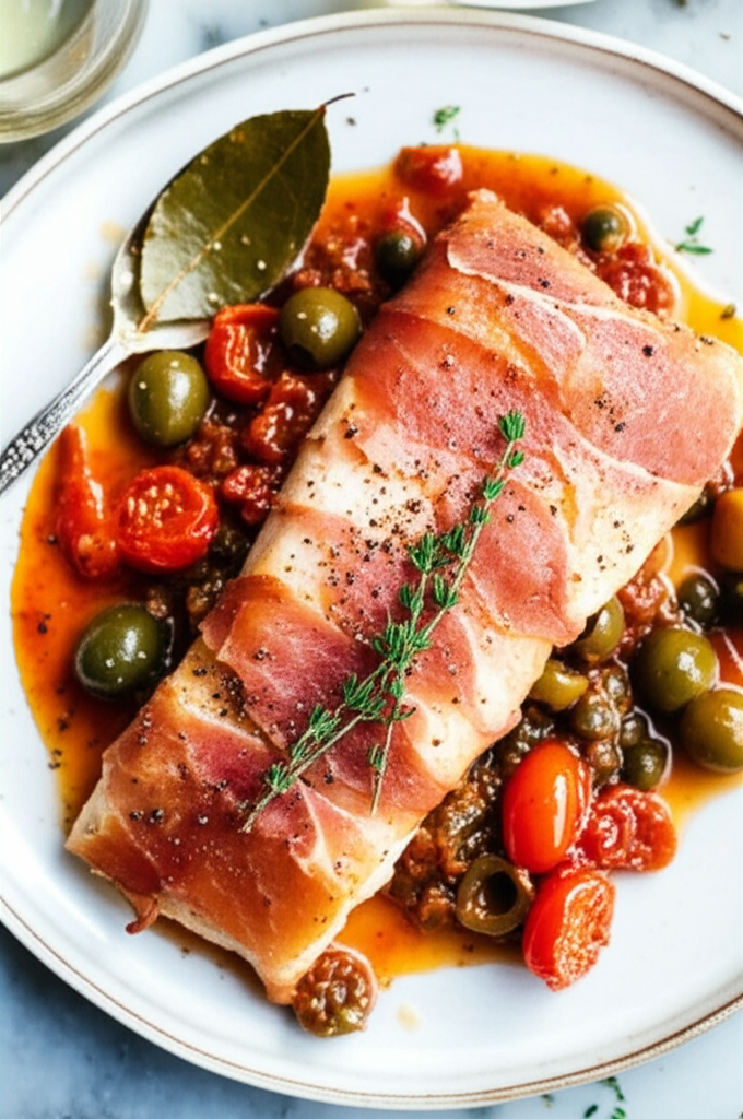 Anthony Sedlak Prosciutto Wrapped Halibut With Puttanesca Sauce image