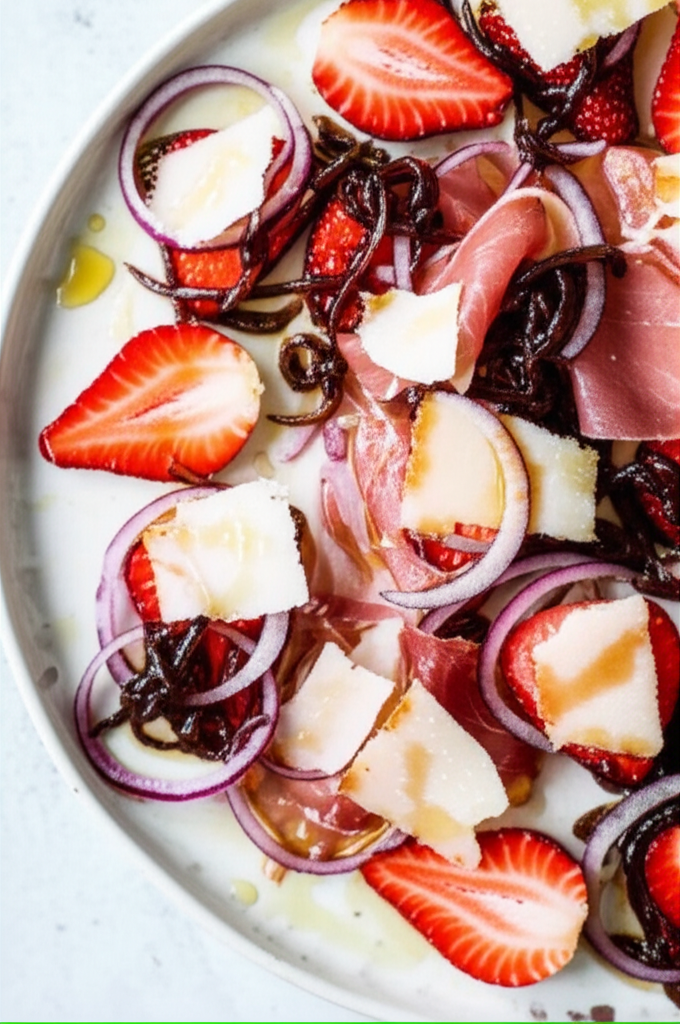 Antipasto Of Prosciutto Cheese Strawberries And Balsamic Onion image