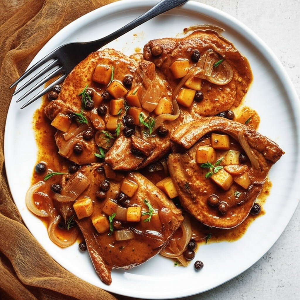 Apple And Onion Smothered Pork Chops With Garam Masala image