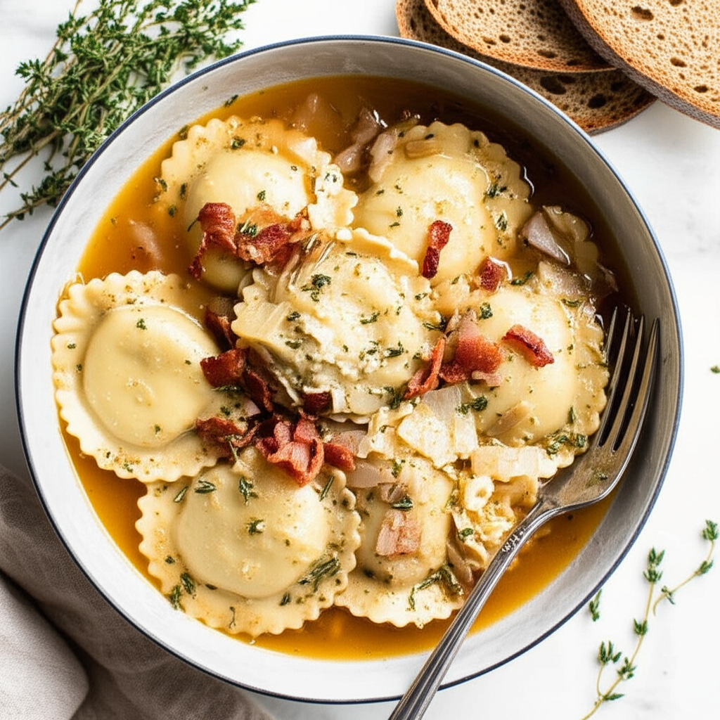 Apple Cabbage Ravioli In A Savory Herb Bacon Broth image