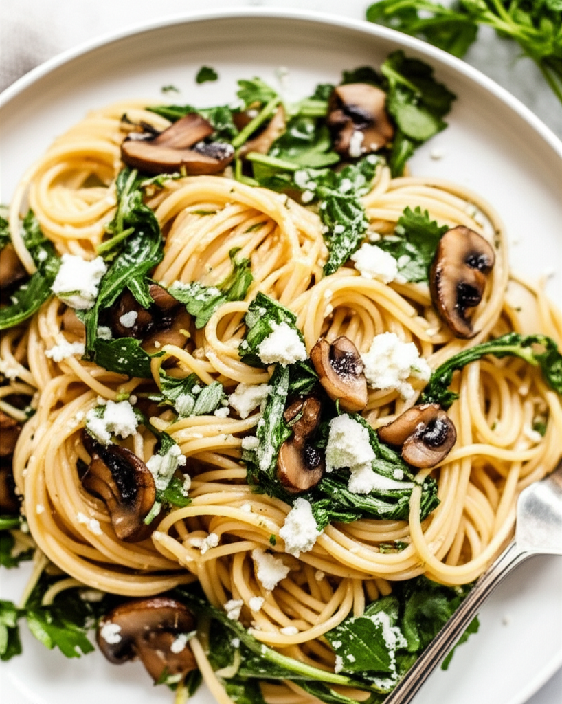Cremini Mushroom Pasta With Wilted Arugula And Goat Cheese image
