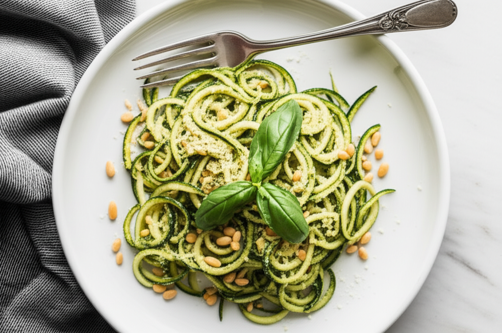 Raw Angel Hair Zucchini Pasta With Fresh Pesto image