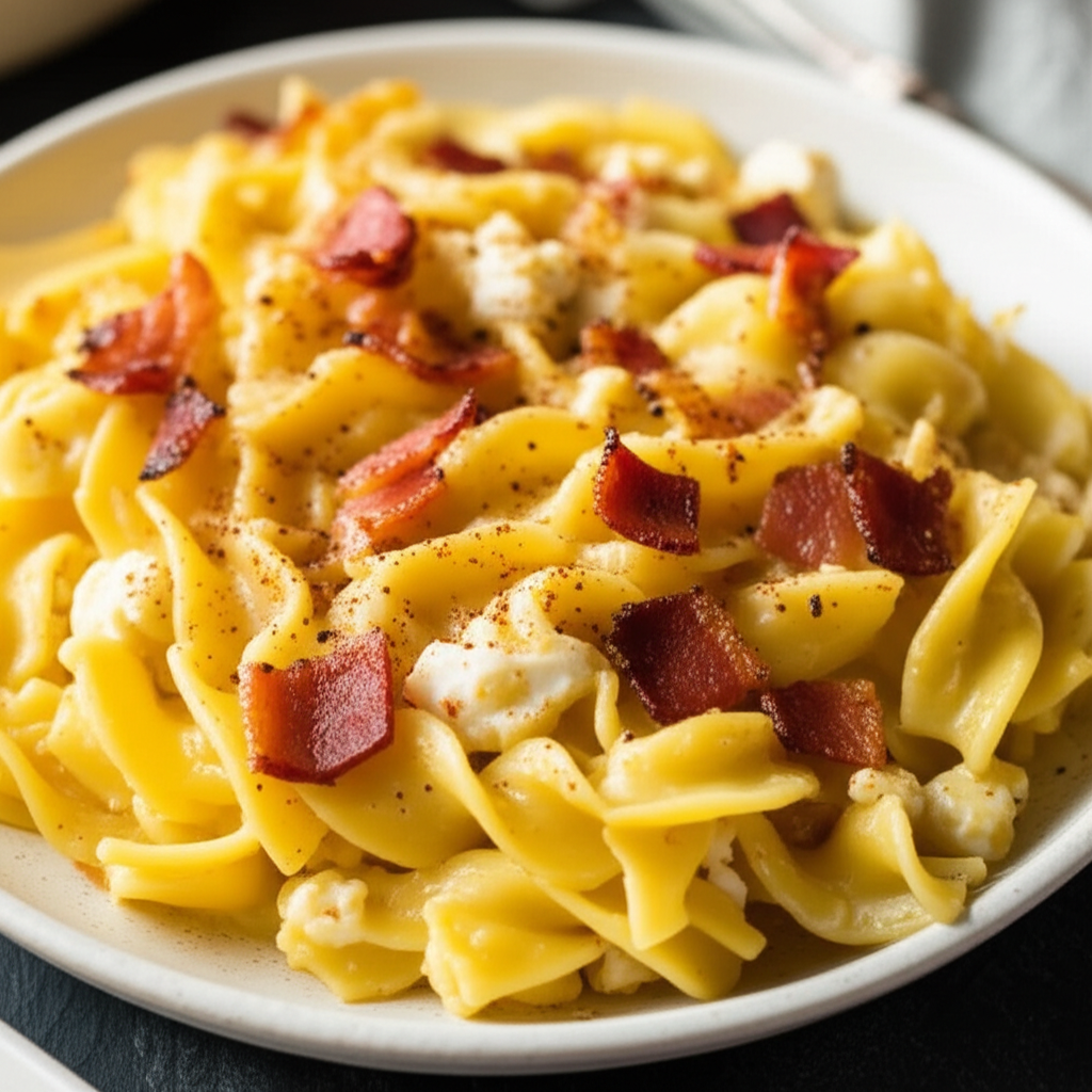 Czech Style Farmer Cheese Bacon Noodle Bake image