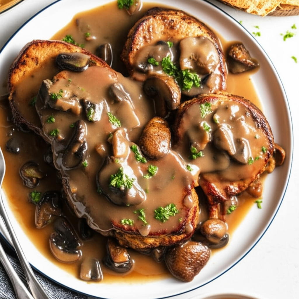 Un Stuffed Pork Chops With Mushroom Sauce image