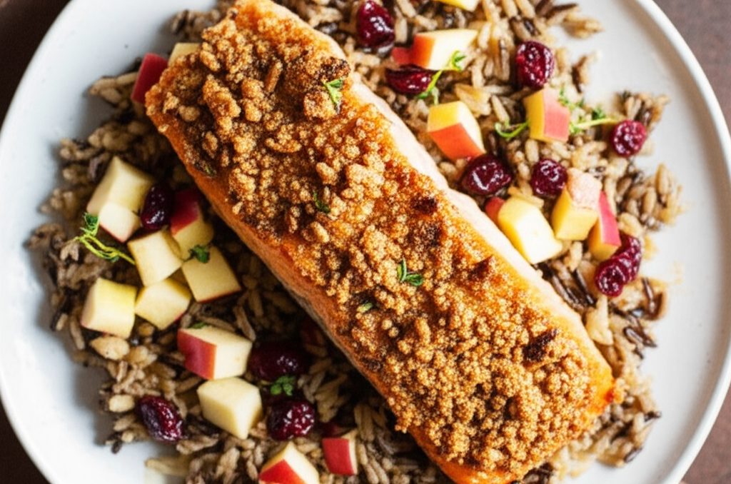 Apple Pecan Crusted Salmon Over Wild Rice image