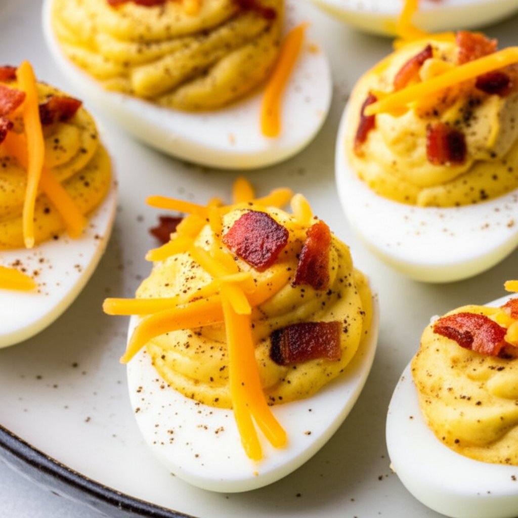 Deviled Eggs With Bacon And Cheddar Cheese image