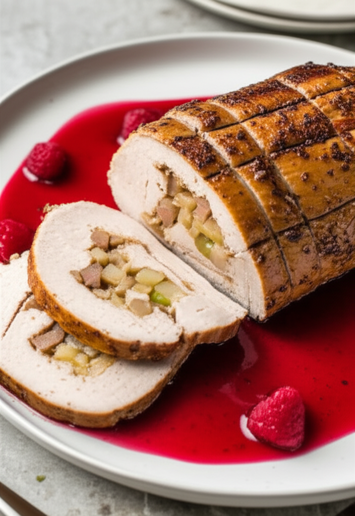 Apple Stuffed Pork Loin With Raspberry Sauce image