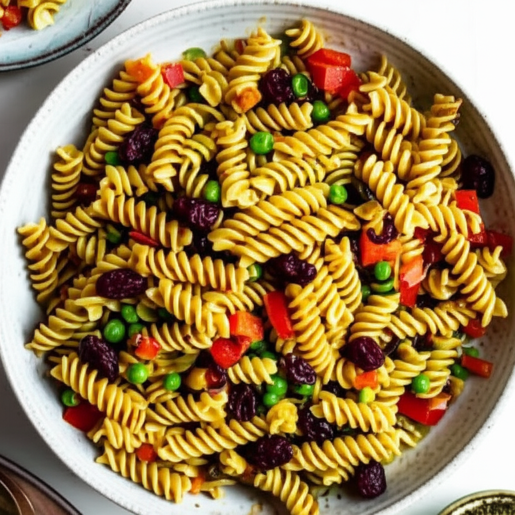 1 Pot Curried Rotini With Currants Peas And Red Peppers image