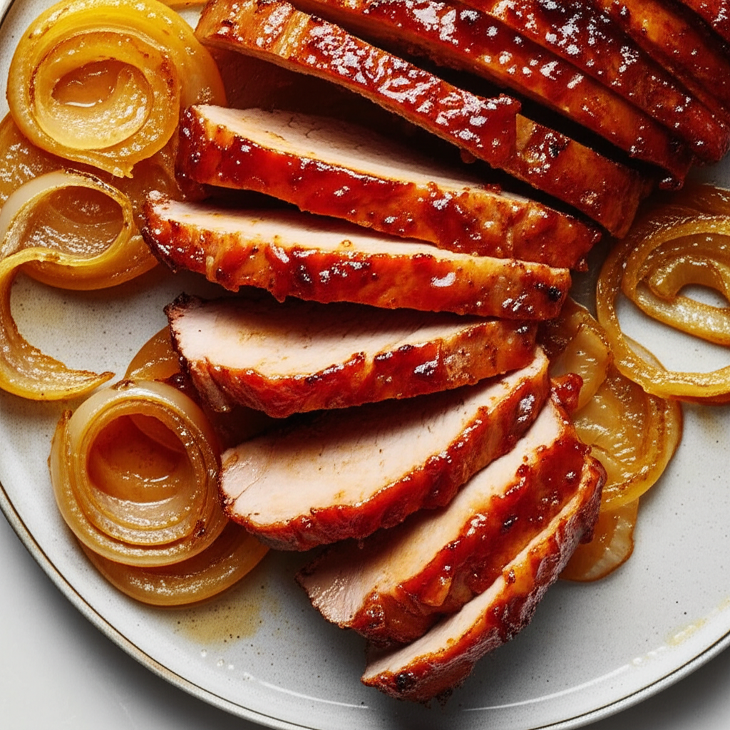 Apricot Glazed Pork With Baked Onions image