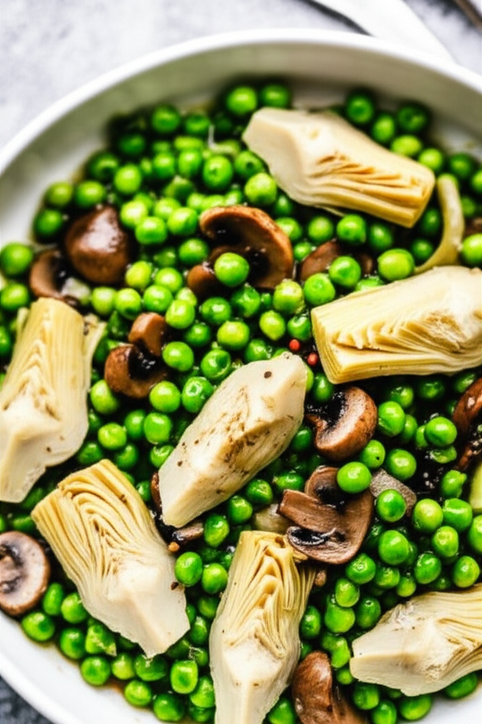 Artichoke Hearts Green Peas And Mushrooms In A Lemon Sauce image