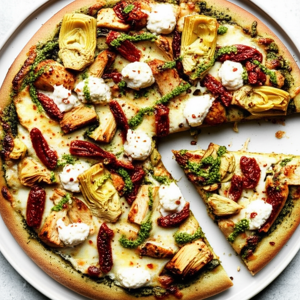 Artichoke Pesto Sun Dried Tomato Pizza With Three Cheeses image
