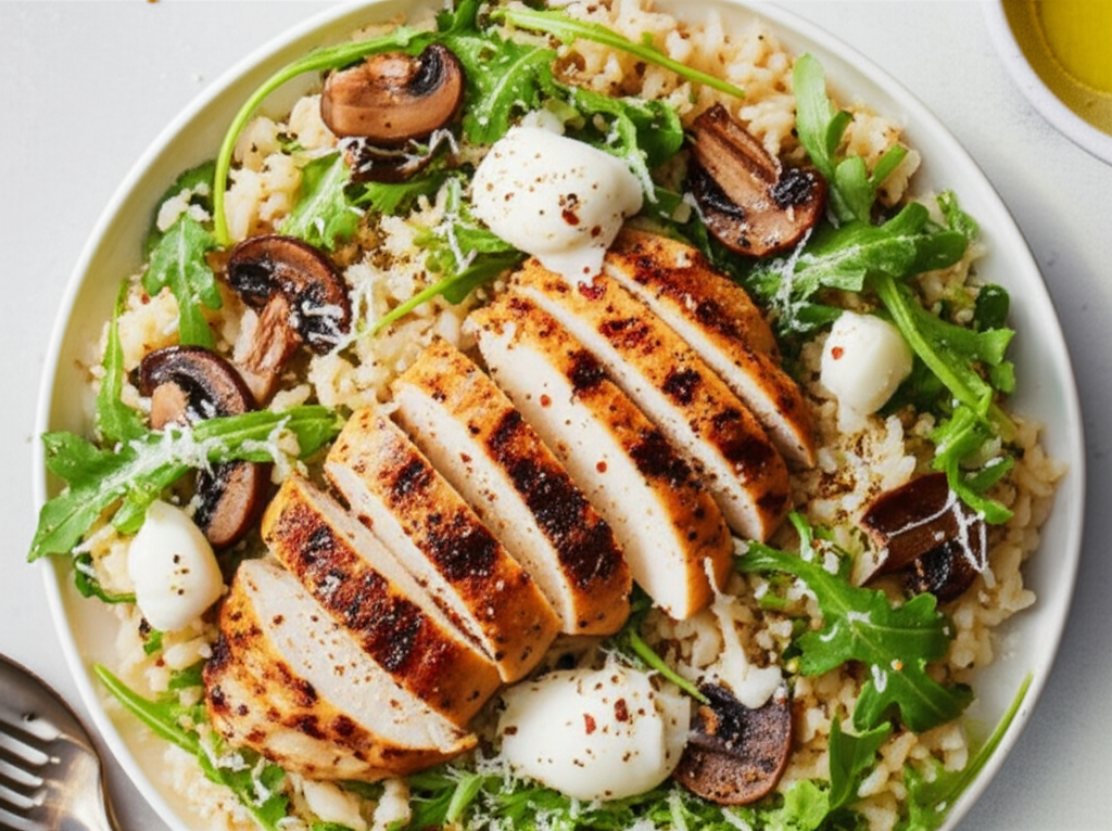 Arugula And Mozzarella Arborio Risotto With Grilled Chicken image