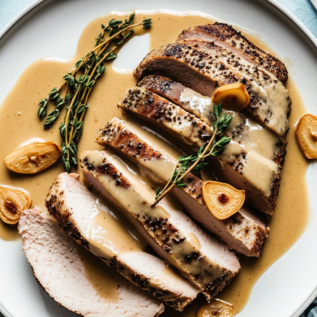 Garlic Thyme Pork Tenderloin With Creamy Cider Sauce image