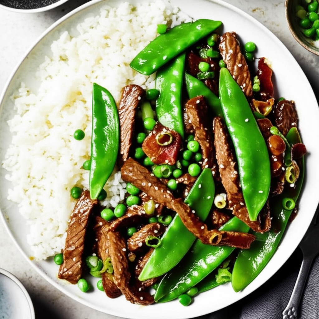 Asian Beef Stir Fry With Snow Peas And Rice image