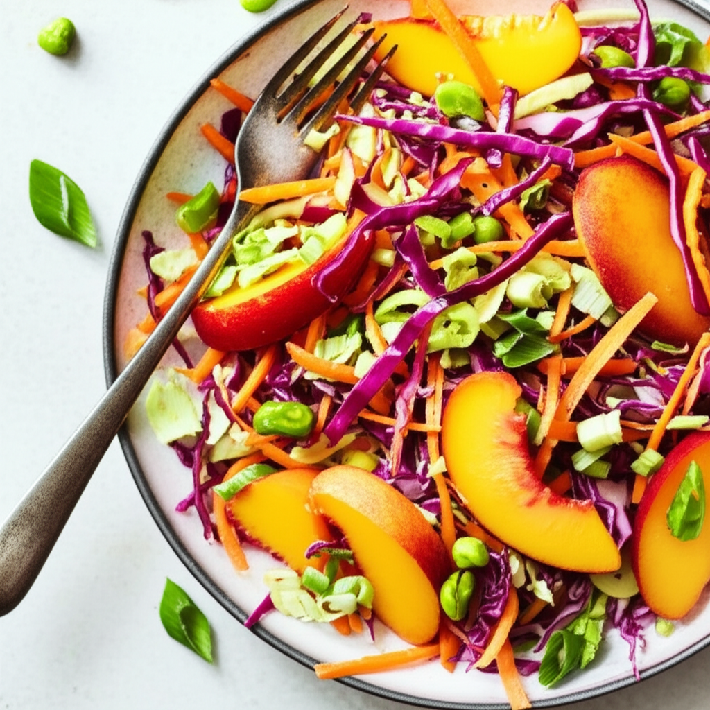 Asian Cabbage Salad With Fresh Peaches And Wasabi Peas image