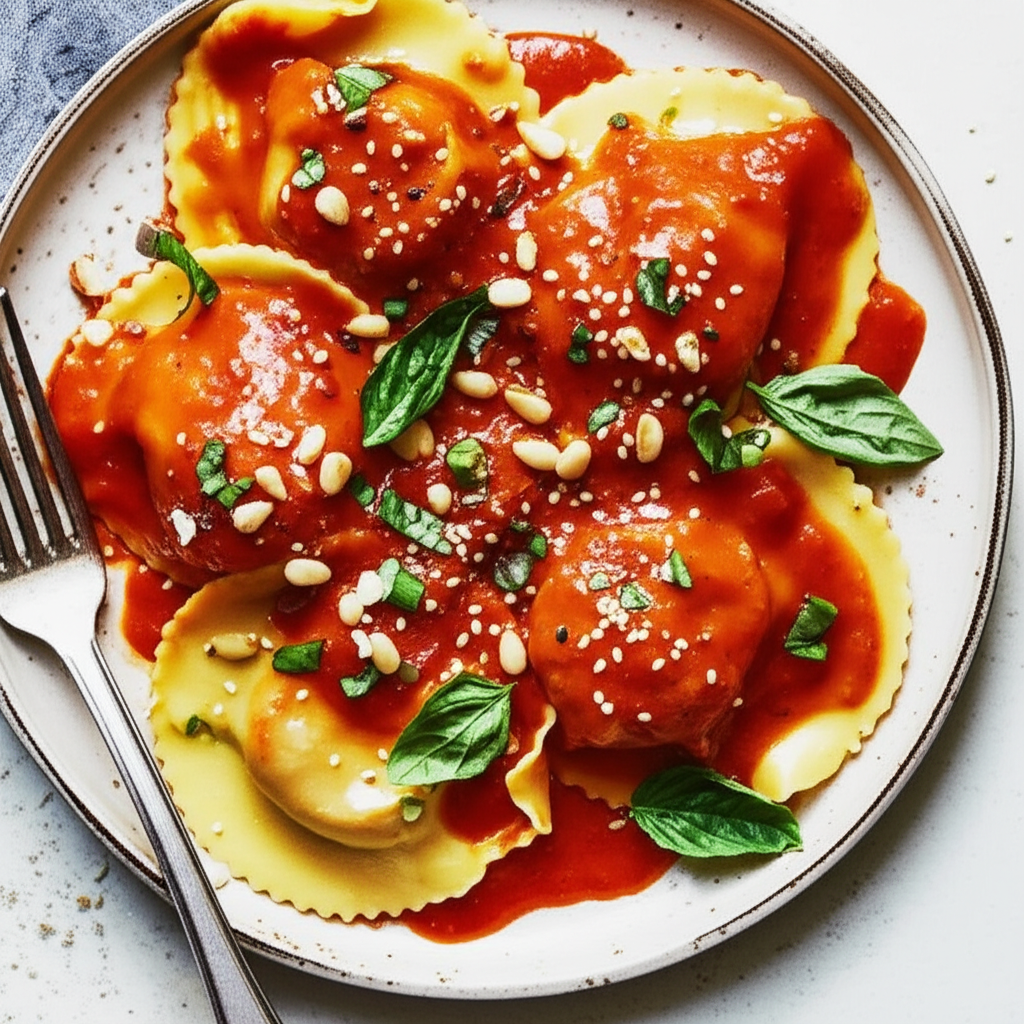 Asian Chicken Ravioli With V8 Creamy Tomato Sauce image