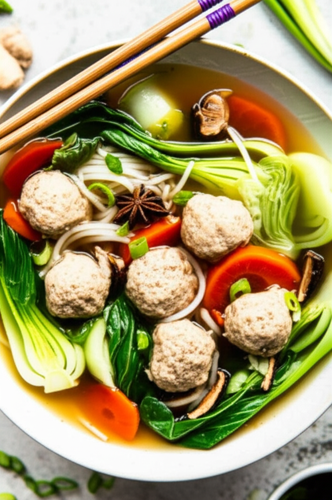 Asian Chicken Meatball Rice Noodle Soup image