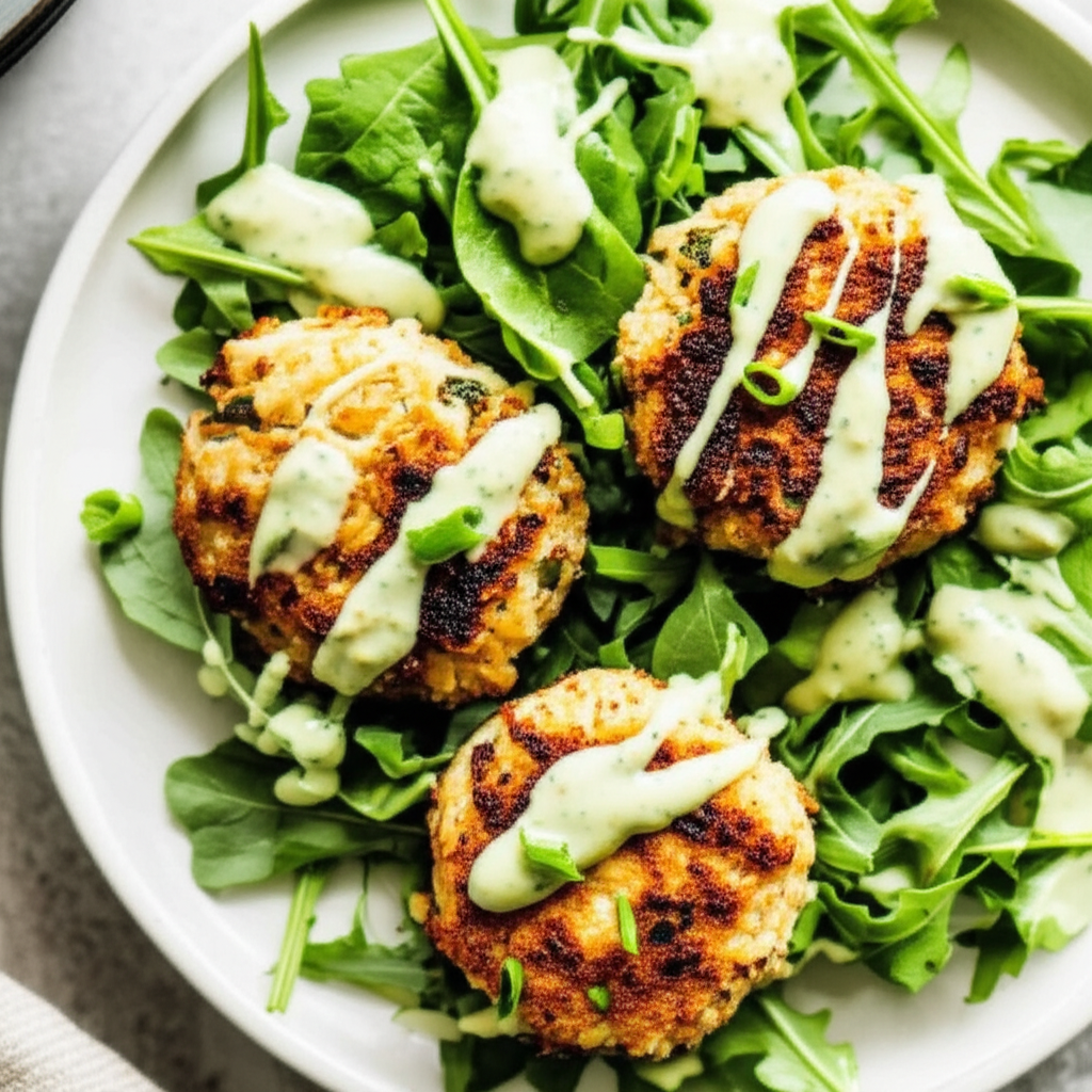 Asian Crab Cakes Over Arugula With Wasabi Dressing image