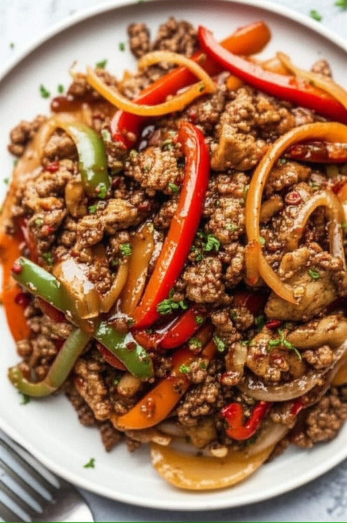 Asian Ground Beef Pepper And Onion Saute image