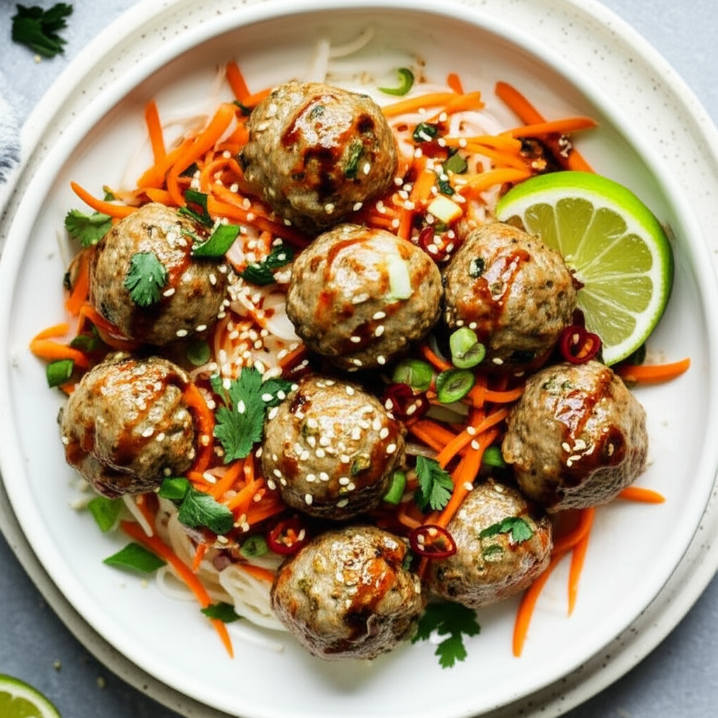 Asian Meatballs With Rice Noodles image