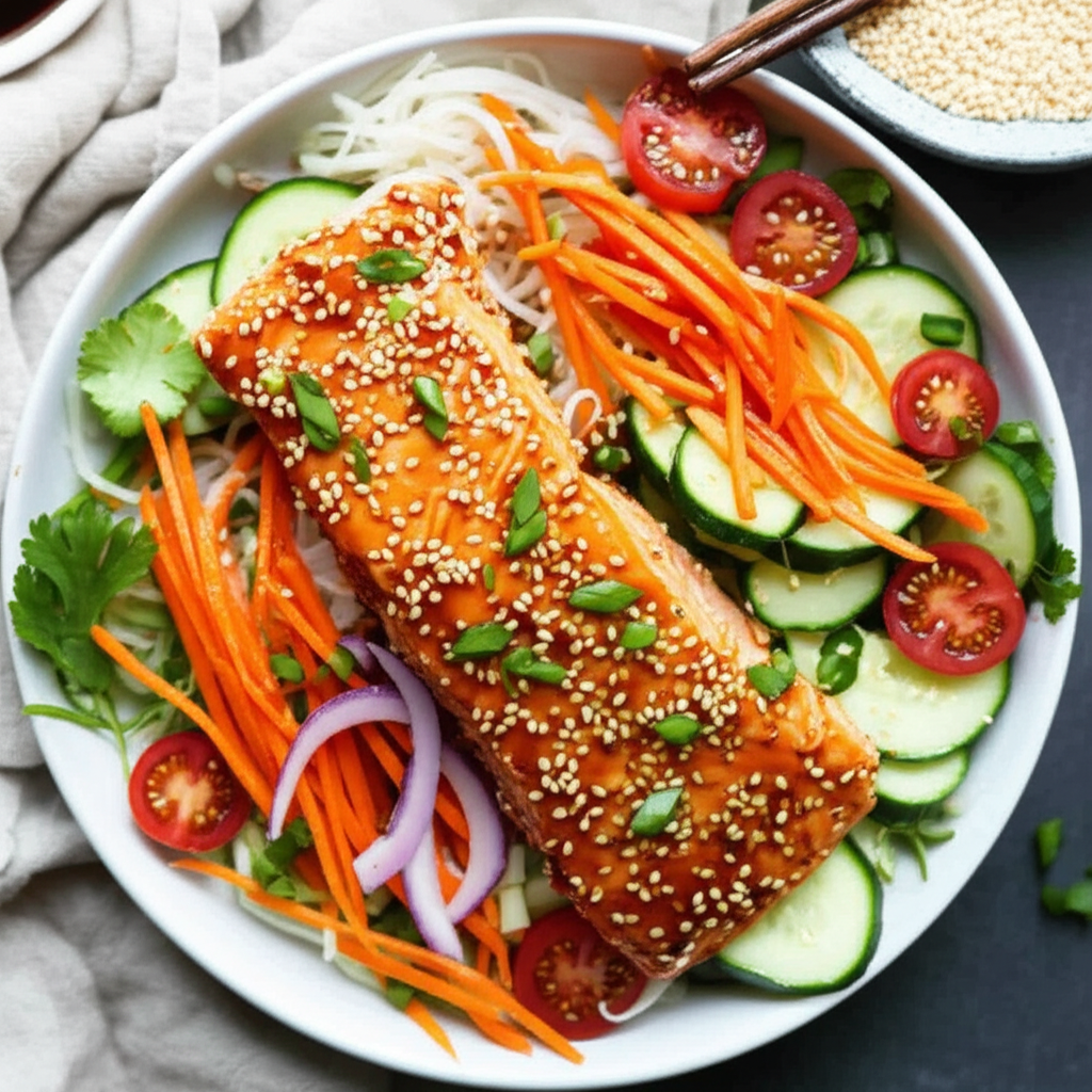 Asian Noodle Bowl With Sesame Salmon image