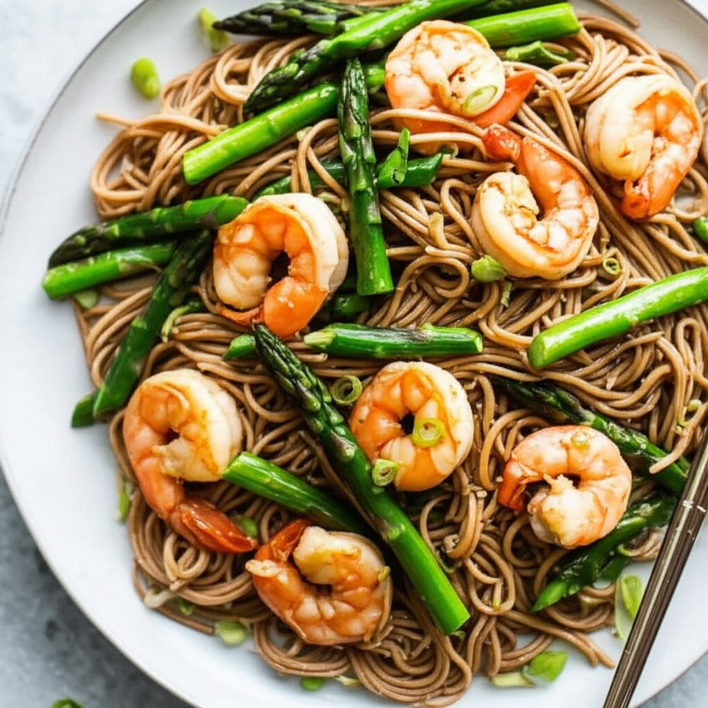 Asian Noodles With Asparagus And Shrimp image
