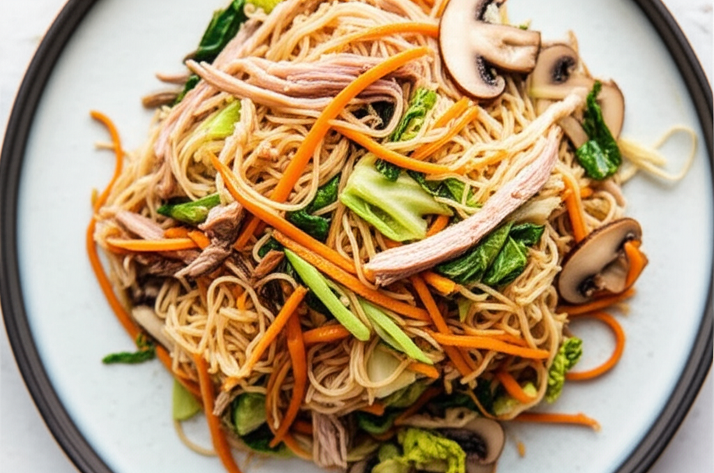 Asian Noodles With Vegetables And Shredded Pork image