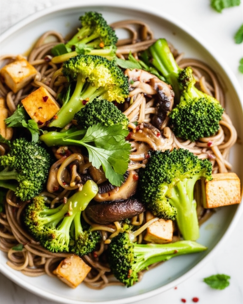 Asian Pasta With Tofu Shiitake Mushrooms And Broccoli image