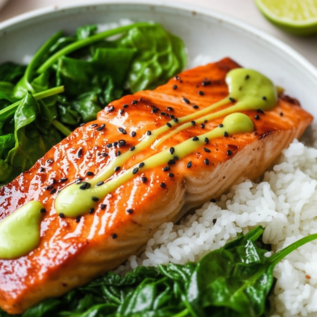 Asian Salmon Bowl With Lime Drizzle image