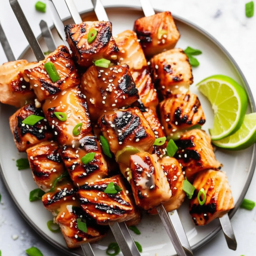 Asian Salmon Skewers With Peanut Butter Sauce image