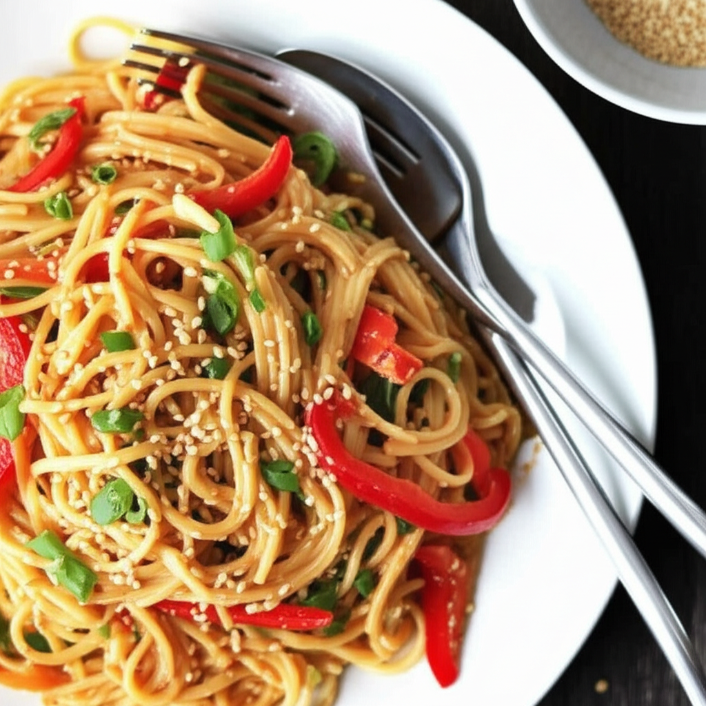 Asian Sesame Noodle Salad With Peanut Dressing Vegetarian image