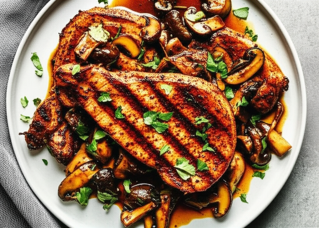 Asian Spice Rubbed Pork Chops W Wild Mushroom Soy Vinaigrette image