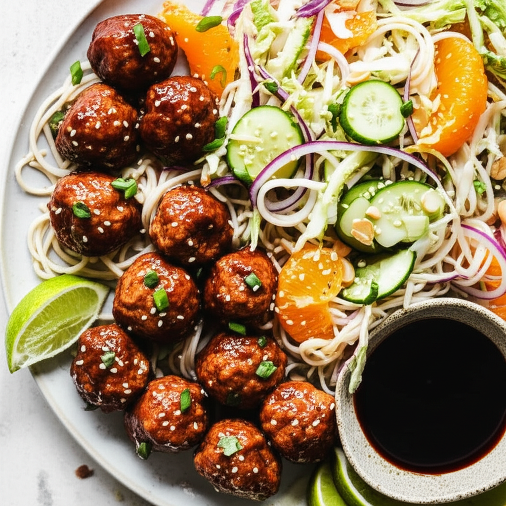 Asian Steamed Pork Meatballs Sesame Noodles Salad image