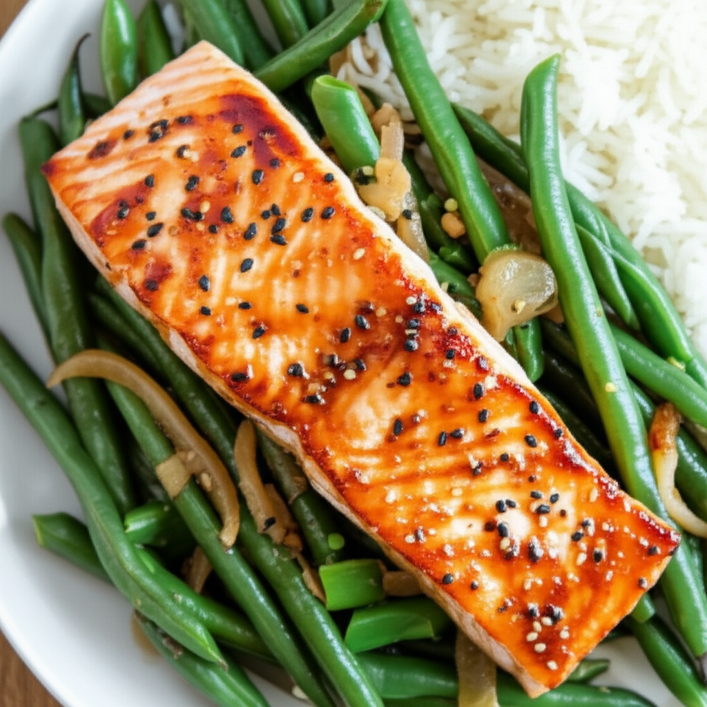 Asian Style Salmon On A Bed Of French String Beans image