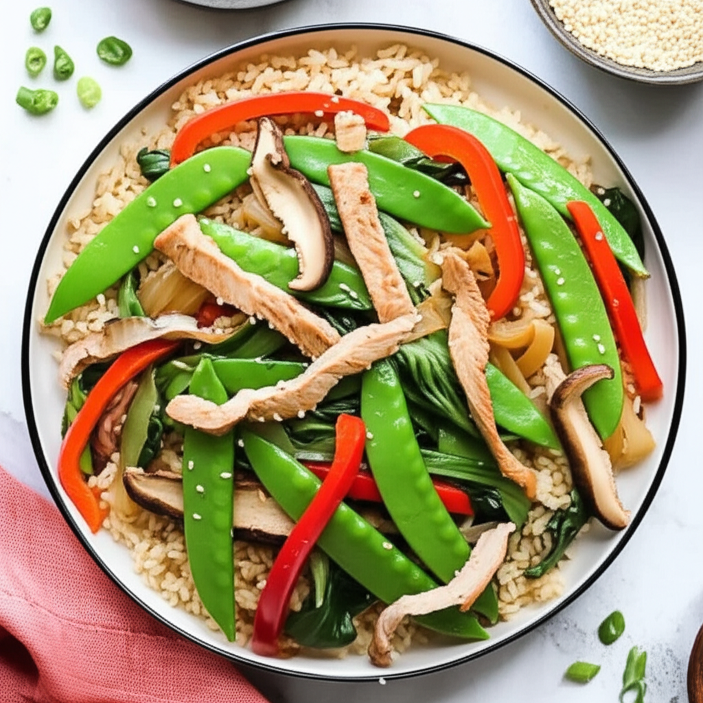 Asian Vegetable Stir Fry With Sugar Snap Peas And Baby Bok Choy image