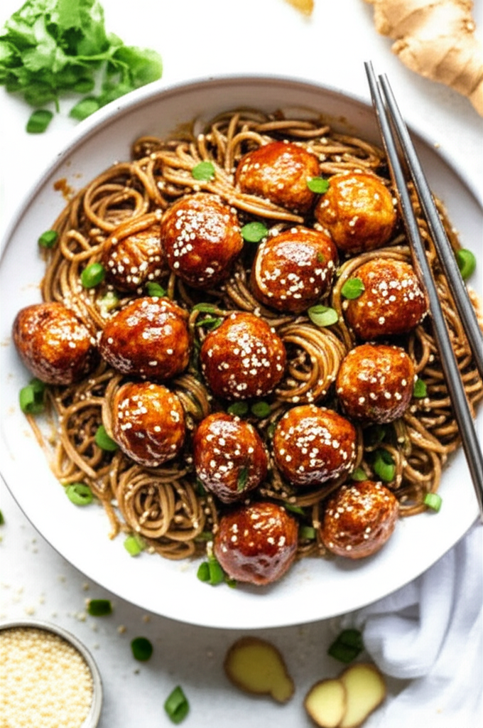 Asian Inspired Meatballs And Spaghetti image