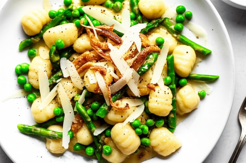 Asparagus And Pea Gnocchi With Toasted Onion image