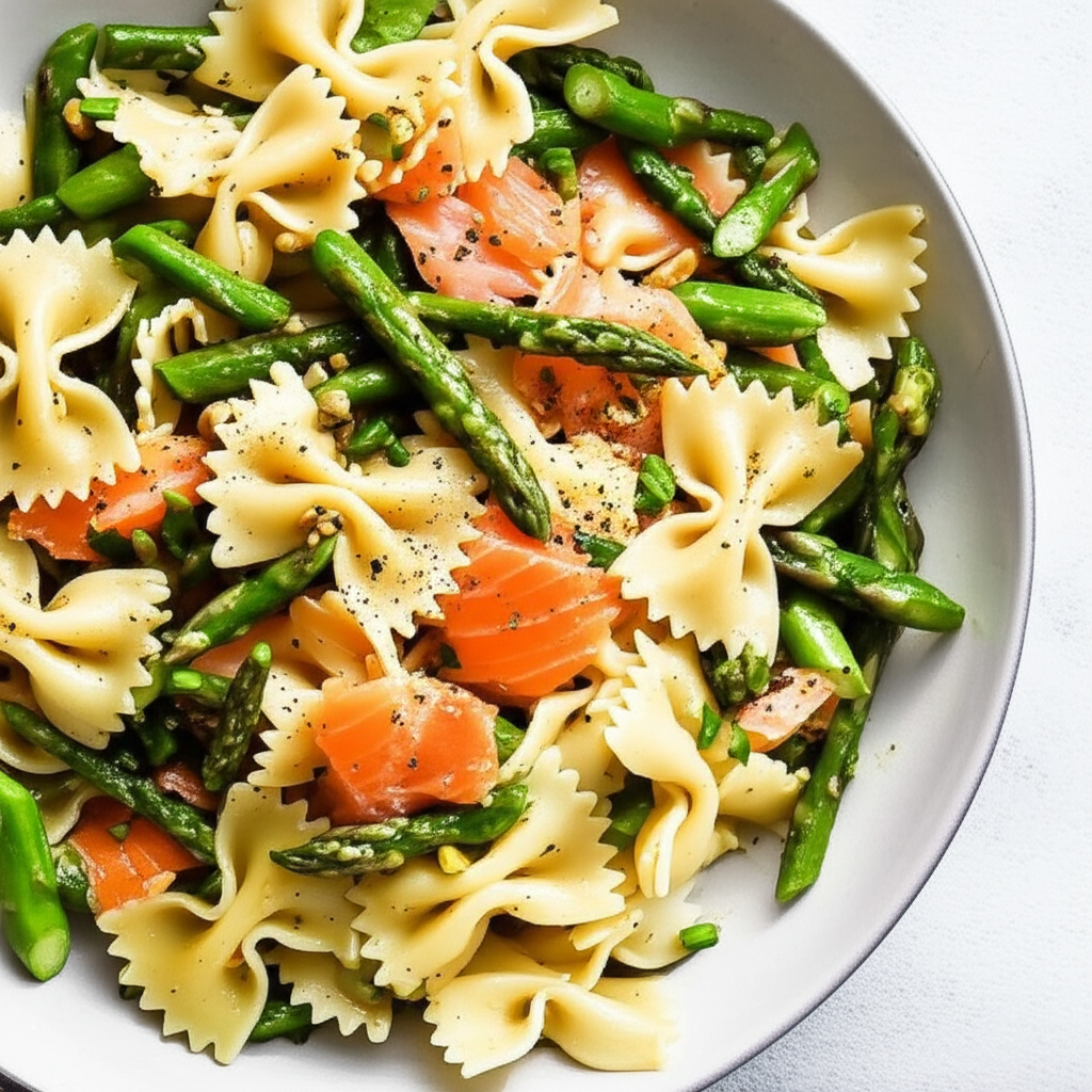 Asparagus And Smoked Salmon Pasta In Lemon Pistachio Vinaigrette image
